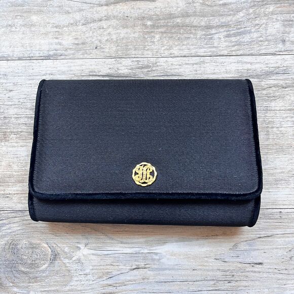Handbags - Bienen-Davis Black Satin Clutch Evening Bag Gold Monogram Clasp Vintage